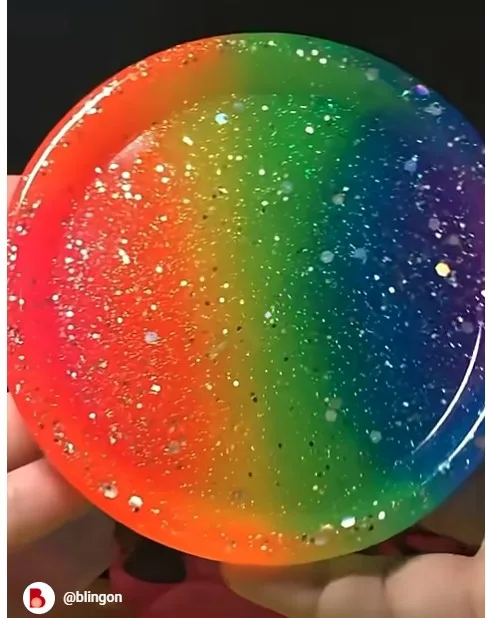 Close-up of a round, rainbow-colored bubble with glittery specks against a dark background. - Bling On Decor® | Luxury Handmade Home Decor ANJU BALA