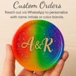 Promotional image for custom orders; rainbow round disc with the initials 'A&R' held in hands. - Bling On Decor® | Luxury Handmade Home Decor ANJU BALA