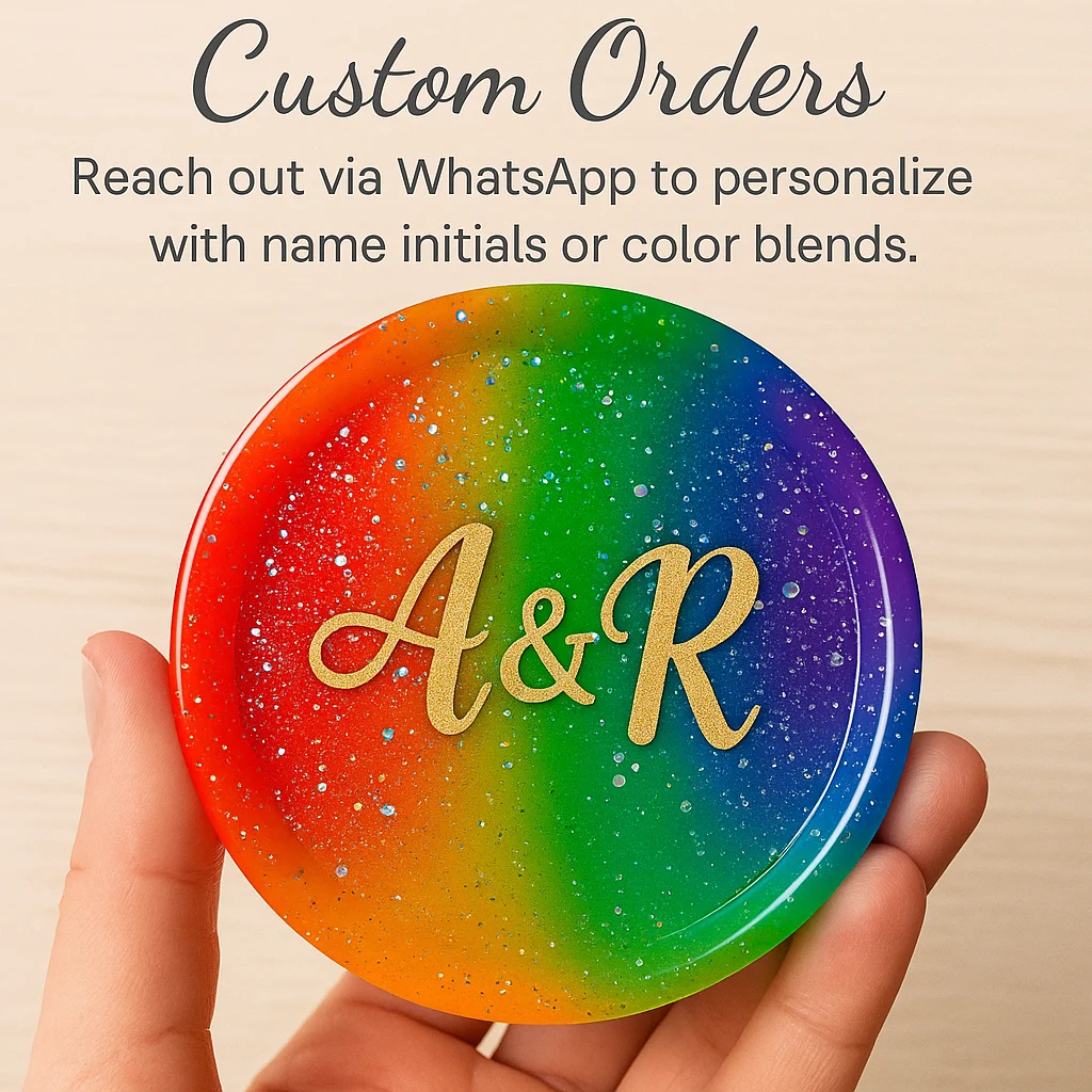 Promotional image for custom orders; rainbow round disc with the initials 'A&R' held in hands. - Bling On Decor® | Luxury Handmade Home Decor ANJU BALA