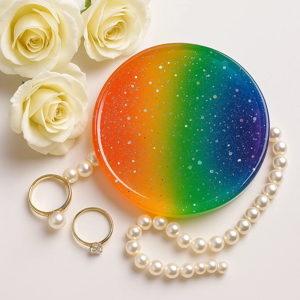 Flat lay of a rainbow-gradient circular resin dish with white speckles, surrounded by a pearl necklace, rings, and ivory roses. - Bling On Decor® | Luxury Handmade Home Decor ANJU BALA