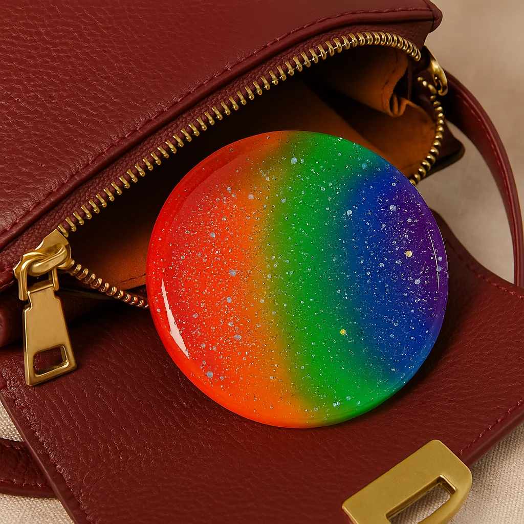 Round rainbow gradient resin badge resting on a red leather handbag with a gold zipper. - Bling On Decor® | Luxury Handmade Home Decor ANJU BALA