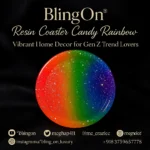 Round rainbow resin coaster on a black backdrop, with gold branding text above (BlingOn) for a home decor product. - Bling On Decor® | Luxury Handmade Home Decor ANJU BALA