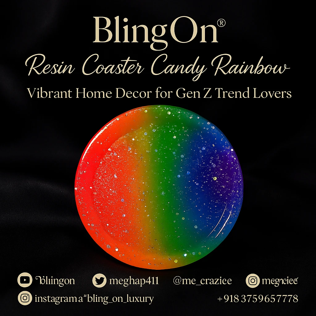 Round rainbow resin coaster on a black backdrop, with gold branding text above (BlingOn) for a home decor product. - Bling On Decor® | Luxury Handmade Home Decor ANJU BALA
