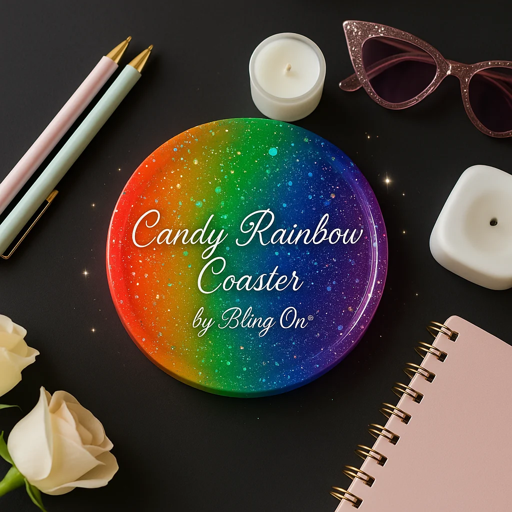 Rainbow-colored round coaster with the text 'Candy Rainbow Coaster by Bling On' on a dark workspace surface. - Bling On Decor® | Luxury Handmade Home Decor ANJU BALA