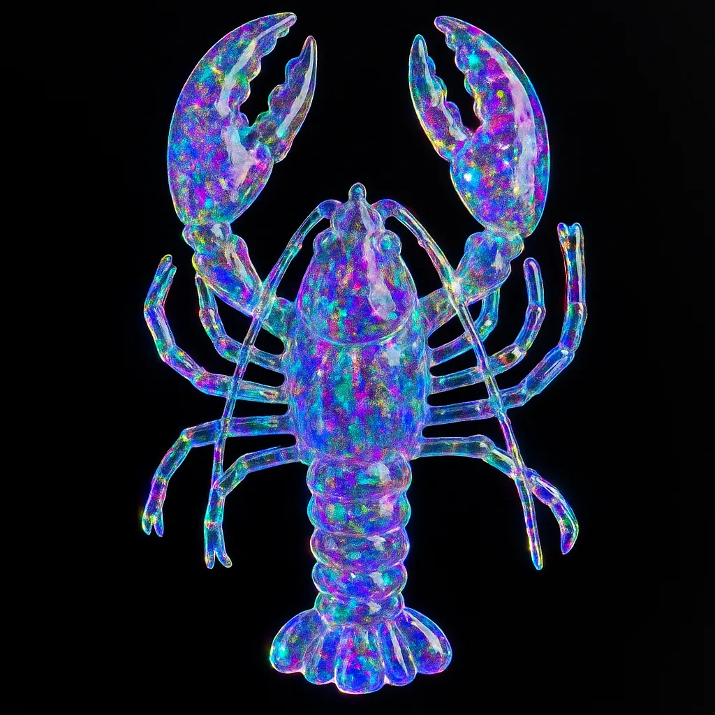 Iridescent lobster sculpture in neon blues and purples against a black background. - Bling On Decor® | Luxury Handmade Home Decor ANJU BALA