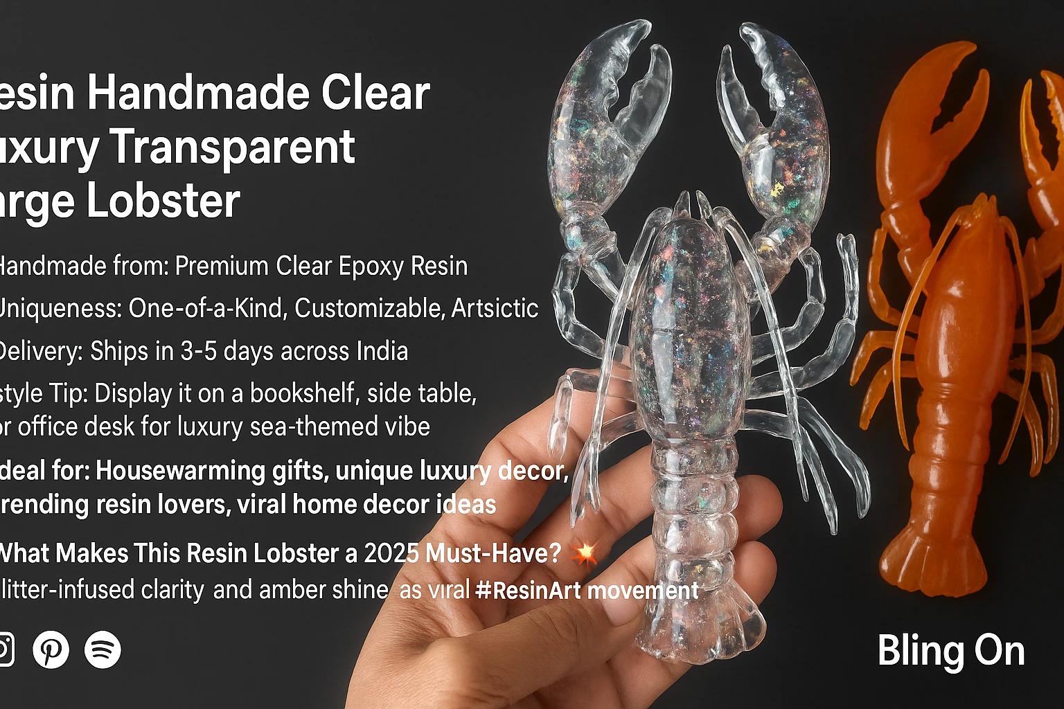 Close-up of a clear resin lobster held by fingers, with an orange resin lobster to the right and bold white text on a dark background. - Bling On Decor® | Luxury Handmade Home Decor ANJU BALA