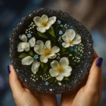 Resin-Handmade-Real-Dried-Press-Flower-Coaster-Geode-Art-Jewelry-Keeper-Trinket-Tray-5.webp - Bling On Decor® | Luxury Handmade Home Decor Hands hold a round black geode filled with white flowers and tiny blue blooms. - Bling On Decor® | Luxury Handmade Home Decor ANJU BALA