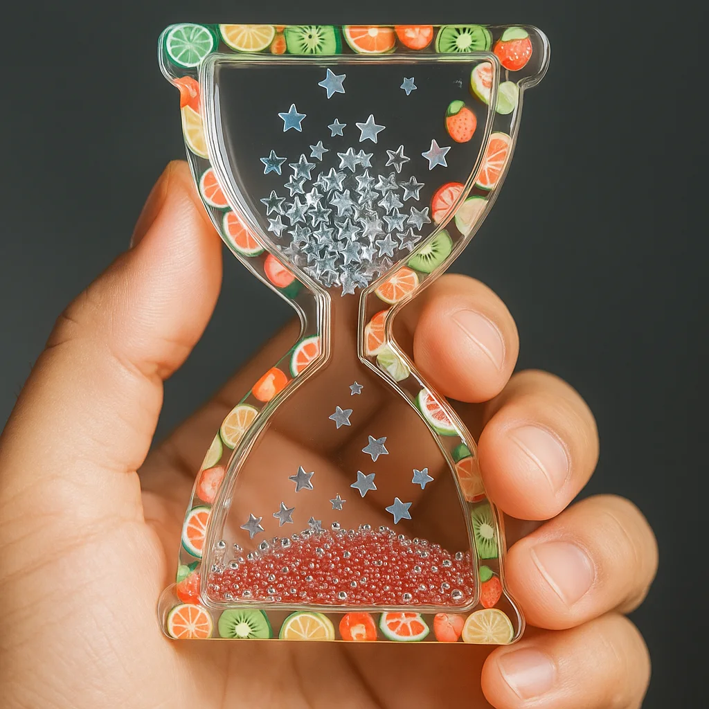 A hand holding a decorative hourglass with red beads in the bottom half and blue star shapes in the top half, bordered by colorful fruit-slice patterns. - Bling On Decor® | Luxury Handmade Home Decor ANJU BALA