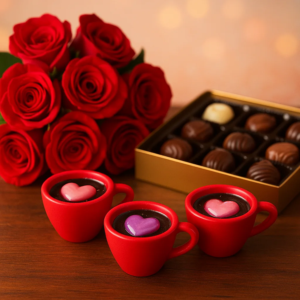 Resin-Love-Cup-table-Top-Desktop-Item-2-table-top-cadbury-silk-oreo-and-red-valentine-rose-1.webp - Bling On Decor® | Luxury Handmade Home Decor Bouquet of red roses beside a box of chocolates and three red cups of hot chocolate topped with heart marshmallows on a wooden table. - Bling On Decor® | Luxury Handmade Home Decor ANJU BALA
