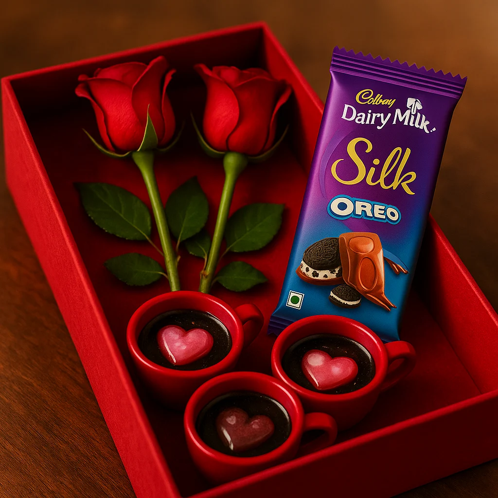 Resin-Love-Cup-table-Top-Desktop-Item-2-table-top-cadbury-silk-oreo-and-red-valentine-rose-webp-1.webp - Bling On Decor® | Luxury Handmade Home Decor Red gift box with two red roses, three red cups of black coffee with pink heart marshmallows, and a purple Silk Oreo bar in the box - Bling On Decor® | Luxury Handmade Home Decor ANJU BALA
