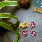 Resin-Love-Cup-table-Top-Desktop-Item-4.webp - Bling On Decor® | Luxury Handmade Home Decor Green variegated plant leaves on a dark wooden surface beside red circular toys with small balls inside (desk scene). - Bling On Decor® | Luxury Handmade Home Decor ANJU BALA