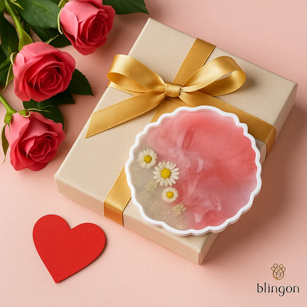 Beige gift box with a gold ribbon on a pink background, surrounded by pink roses and a red heart, with a round pink coaster featuring white daisies nearby. - Bling On Decor® | Luxury Handmade Home Decor ANJU BALA