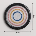 Concentric glitter rings in blue, gold, pink, and red on a black speckled circular tray with a 15 cm diameter marked beside it. - Bling On Decor® | Luxury Handmade Home Decor ANJU BALA