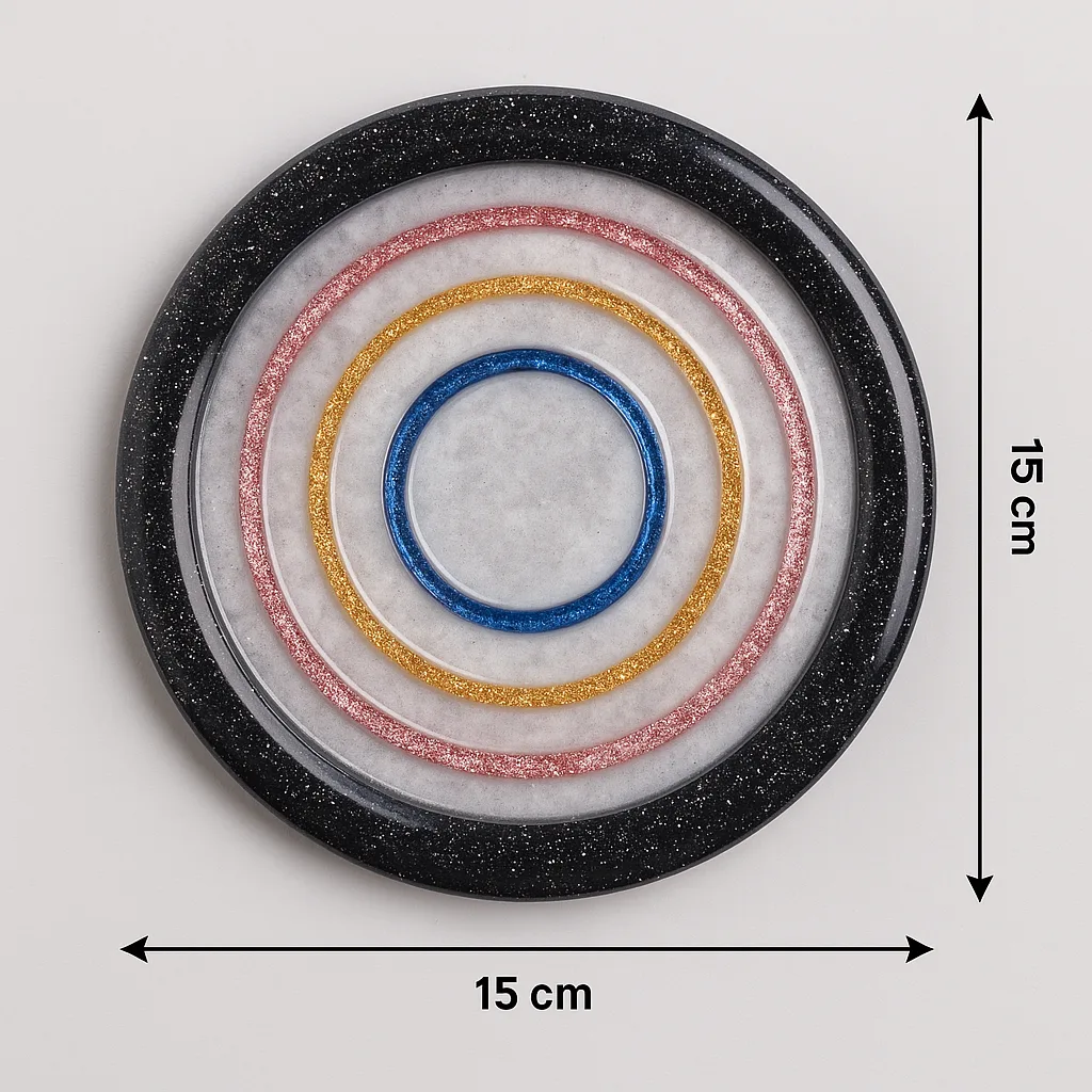 Concentric glitter rings in blue, gold, pink, and red on a black speckled circular tray with a 15 cm diameter marked beside it. - Bling On Decor® | Luxury Handmade Home Decor ANJU BALA
