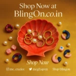Orange shell-shaped dish with gold rings and pearls on a gold background; scattered beads and decorative pieces; 'Shop Now at BlingOn.co.in' - Bling On Decor® | Luxury Handmade Home Decor ANJU BALA
