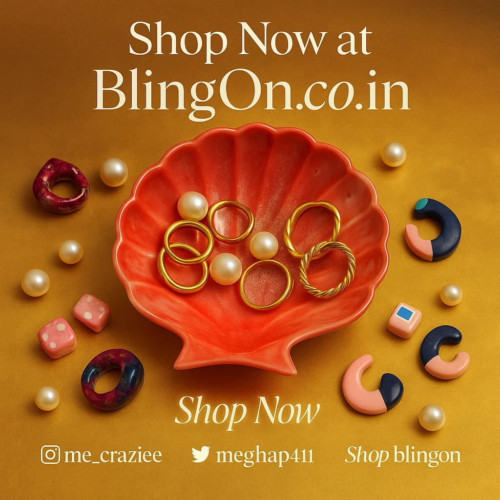 Orange shell-shaped dish with gold rings and pearls on a gold background; scattered beads and decorative pieces; 'Shop Now at BlingOn.co.in' - Bling On Decor® | Luxury Handmade Home Decor ANJU BALA