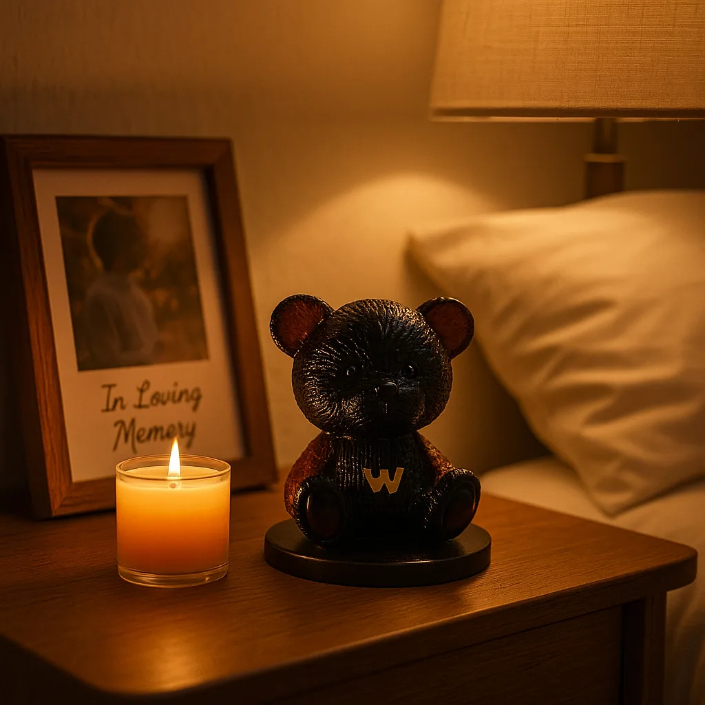 Brown bear keepsake on a nightstand with a lit candle and a framed "In Loving Memory" photo behind it. - Bling On Decor® | Luxury Handmade Home Decor ANJU BALA