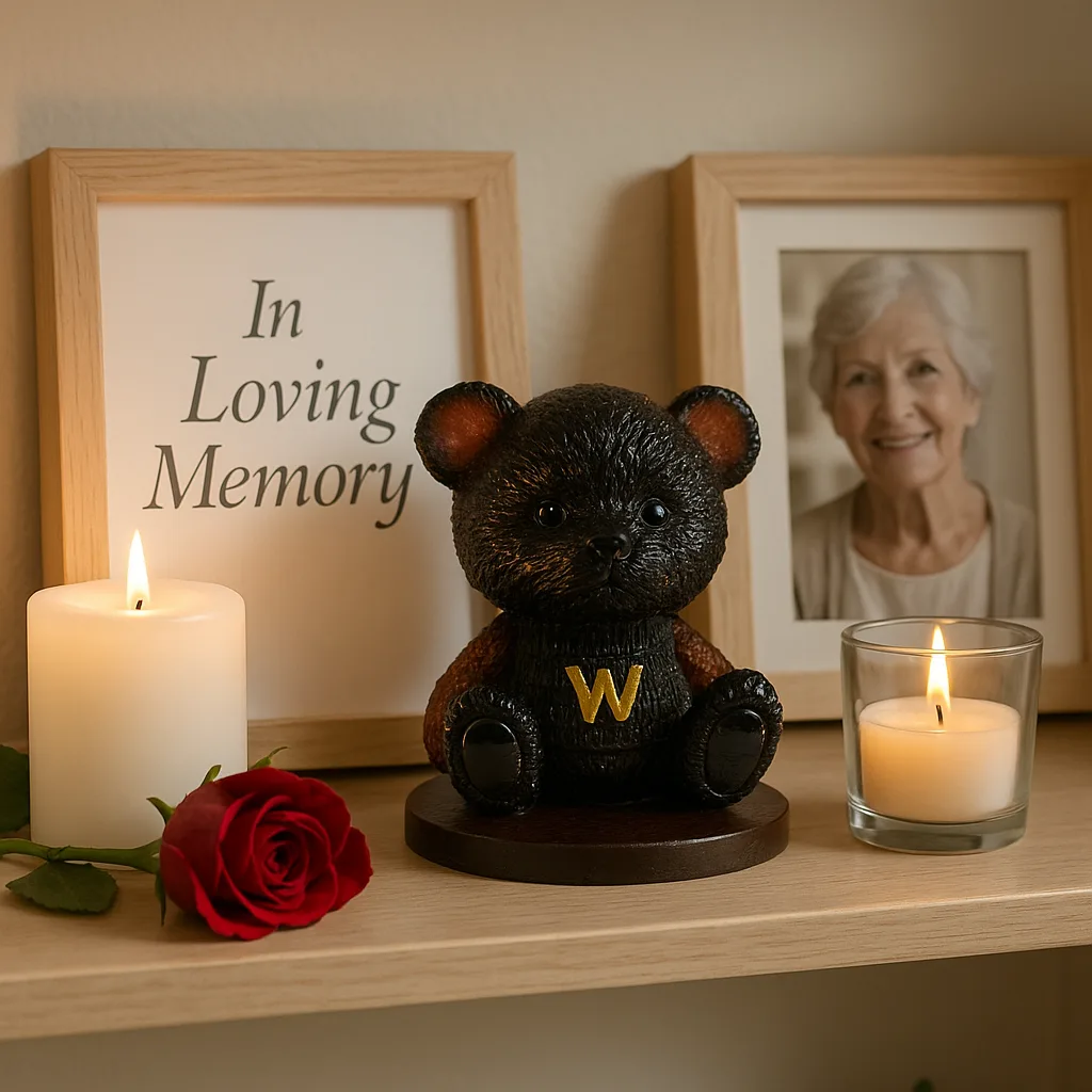 Memorial shelf with a small black bear figurine, lit candles, a red rose, and framed memories; the left frame reads 'In Loving Memory'. - Bling On Decor® | Luxury Handmade Home Decor ANJU BALA
