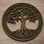 Circular metal plaque featuring a Tree of Life with intertwined branches and roots, surrounded by an ornate knotwork border on a wooden background. - Bling On Decor® | Luxury Handmade Home Decor ANJU BALA