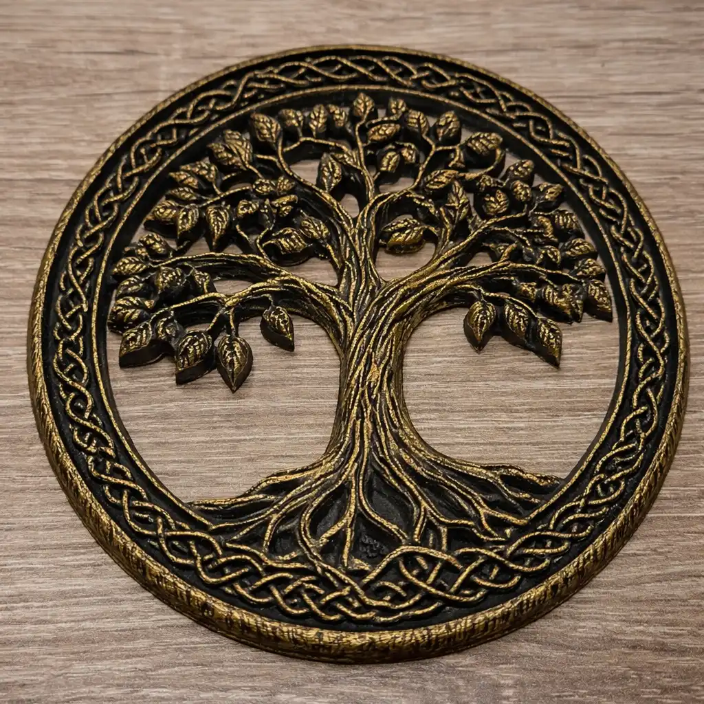 Circular metal plaque featuring a Tree of Life with intertwined branches and roots, surrounded by an ornate knotwork border on a wooden background. - Bling On Decor® | Luxury Handmade Home Decor ANJU BALA