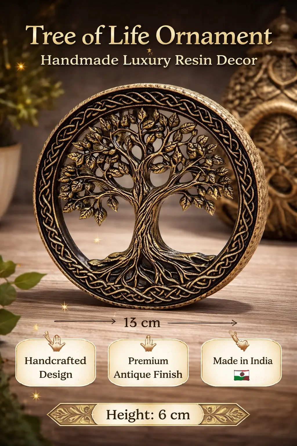 Round Tree of Life ornament in a circular braided frame with an antique gold finish; 13 cm wide, 6 cm tall, handcrafted resin decor (Made in India). - Bling On Decor® | Luxury Handmade Home Decor ANJU BALA