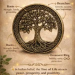 Infographic of The Power of the Tree of Life: a circular tree with braided border and labeled arrows for Roots, Branches, and Ornament Ring. - Bling On Decor® | Luxury Handmade Home Decor ANJU BALA