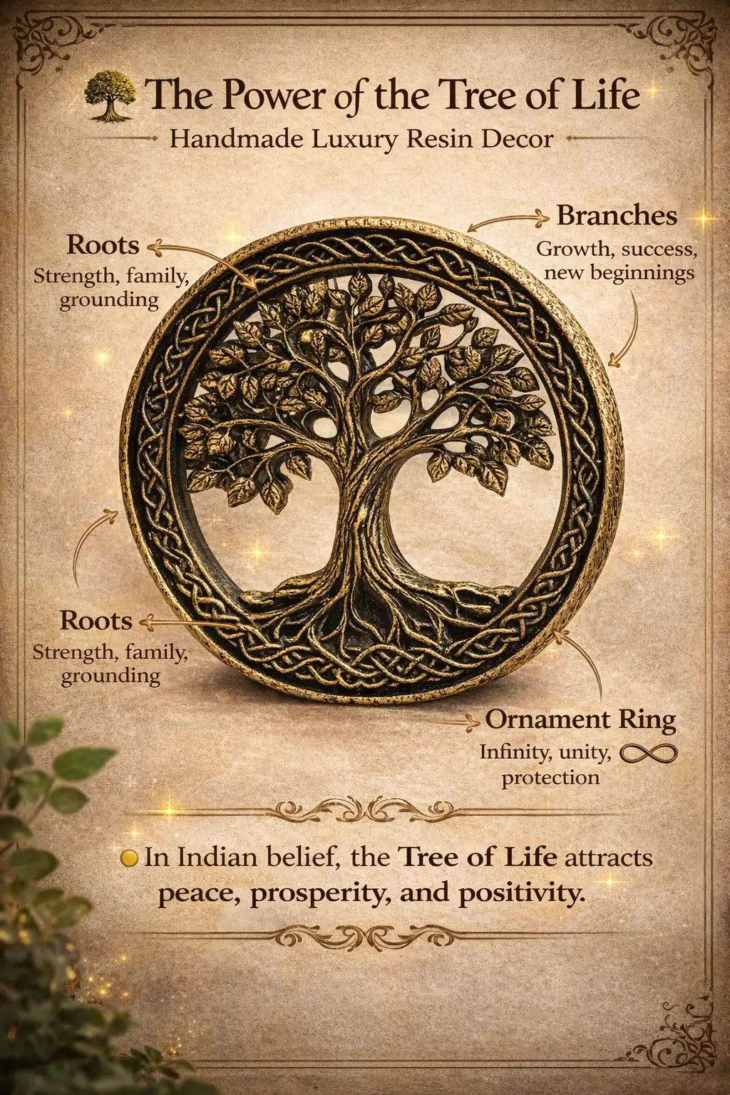 Infographic of The Power of the Tree of Life: a circular tree with braided border and labeled arrows for Roots, Branches, and Ornament Ring. - Bling On Decor® | Luxury Handmade Home Decor ANJU BALA