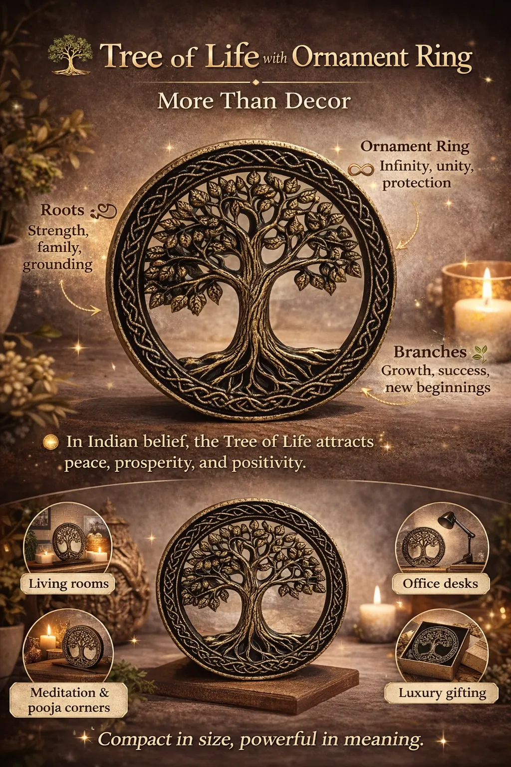 Ornamental Tree of Life ring with braided circular frame, text about roots, infinity, and branches. Indian belief link to peace and prosperity. - Bling On Decor® | Luxury Handmade Home Decor ANJU BALA