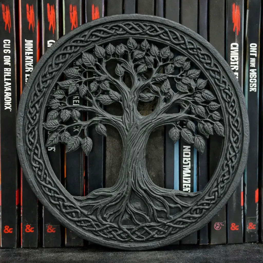 Circular metal Tree of Life plaque with braided border, displayed against a row of books. - Bling On Decor® | Luxury Handmade Home Decor ANJU BALA