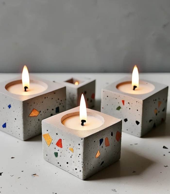 Four square terrazzo candle holders with lit tealights arranged on a surface, warm flames glowing. - Bling On Decor® | Luxury Handmade Home Decor ANJU BALA