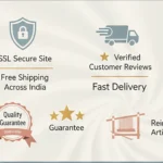 Infographic badge collage promoting Indian handmade products: SSL Secure Site, Free Shipping Across India, Verified Reviews, Fast Delivery, Secure Payment. - Bling On Decor® | Luxury Handmade Home Decor ANJU BALA