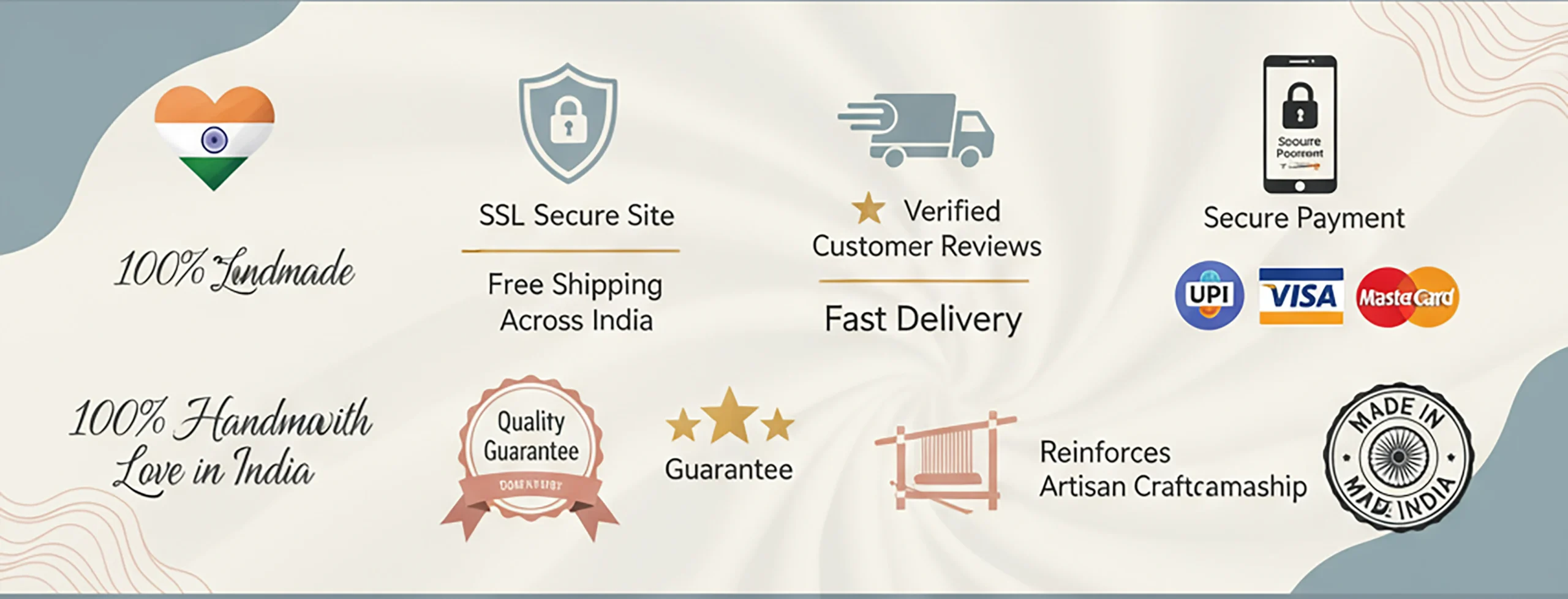Infographic badge collage promoting Indian handmade products: SSL Secure Site, Free Shipping Across India, Verified Reviews, Fast Delivery, Secure Payment. - Bling On Decor® | Luxury Handmade Home Decor ANJU BALA