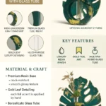 Infographic showcasing handcrafted luxury decor with glass tube vase and gold leaf detailing, including features like premium resin, gold foil art, and multi-purpose glass tube - Bling On Decor® | Luxury Handmade Home Decor ANJU BALA