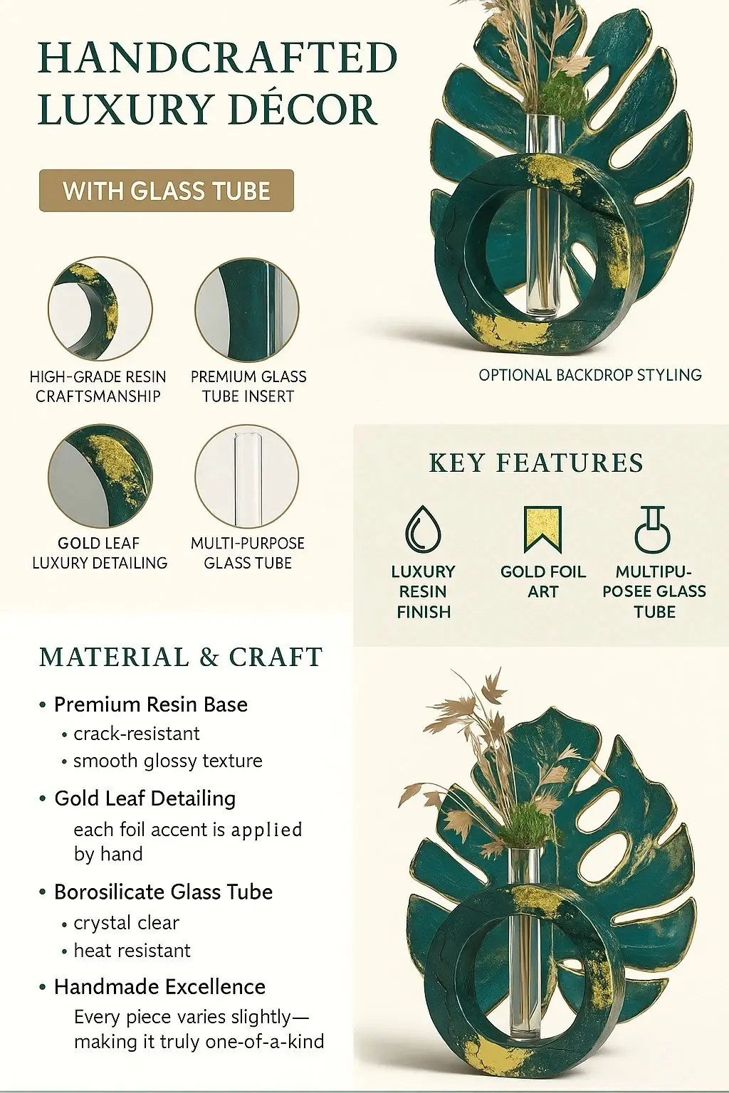 Infographic showcasing handcrafted luxury decor with glass tube vase and gold leaf detailing, including features like premium resin, gold foil art, and multi-purpose glass tube - Bling On Decor® | Luxury Handmade Home Decor ANJU BALA