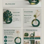 Collage of Bling On promotional posters showing teal resin decor pieces and phrases like 'Handcrafted with artistic excellence'. - Bling On Decor® | Luxury Handmade Home Decor ANJU BALA