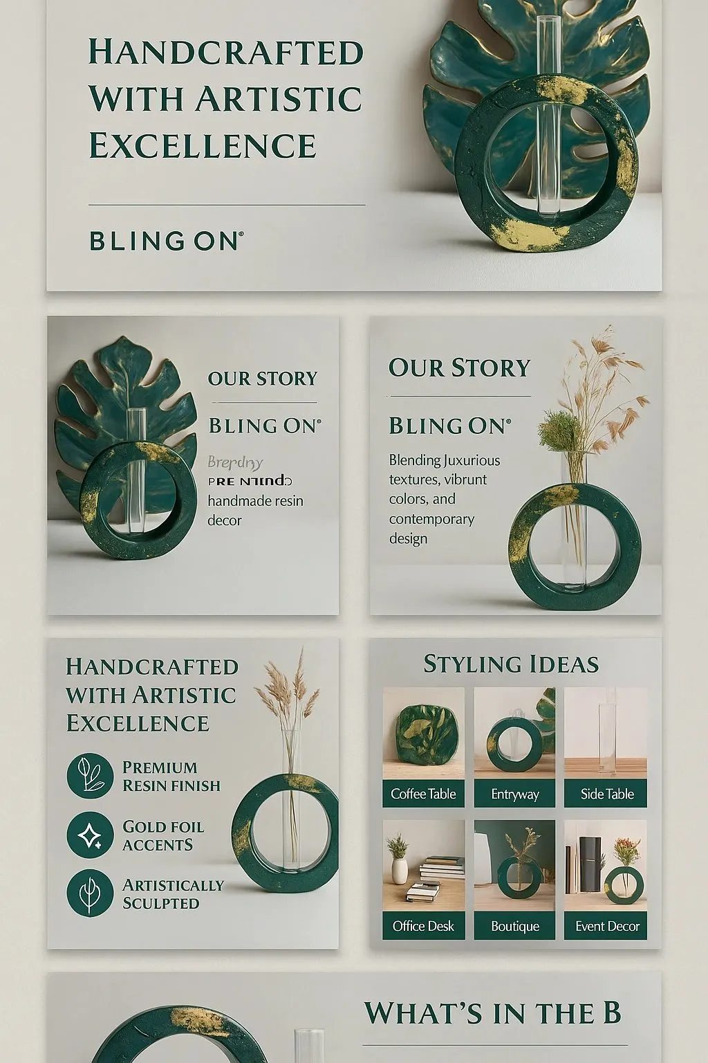 Collage of Bling On promotional posters showing teal resin decor pieces and phrases like 'Handcrafted with artistic excellence'. - Bling On Decor® | Luxury Handmade Home Decor ANJU BALA