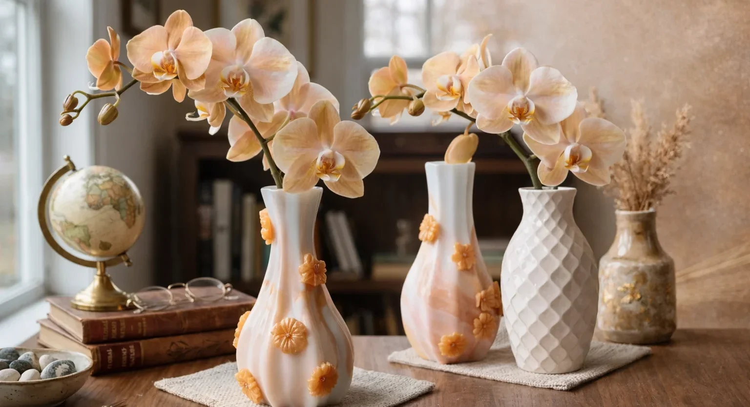 Three peach orchids in decorative ceramic vases on a wooden table, with a vintage globe and books nearby in a cozy interior.