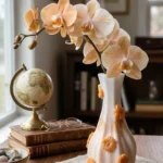 Peach Phalaenopsis orchids in a white vase with orange accents on a wooden table, beside a globe and old books. - Bling On Decor® | Luxury Handmade Home Decor ANJU BALA