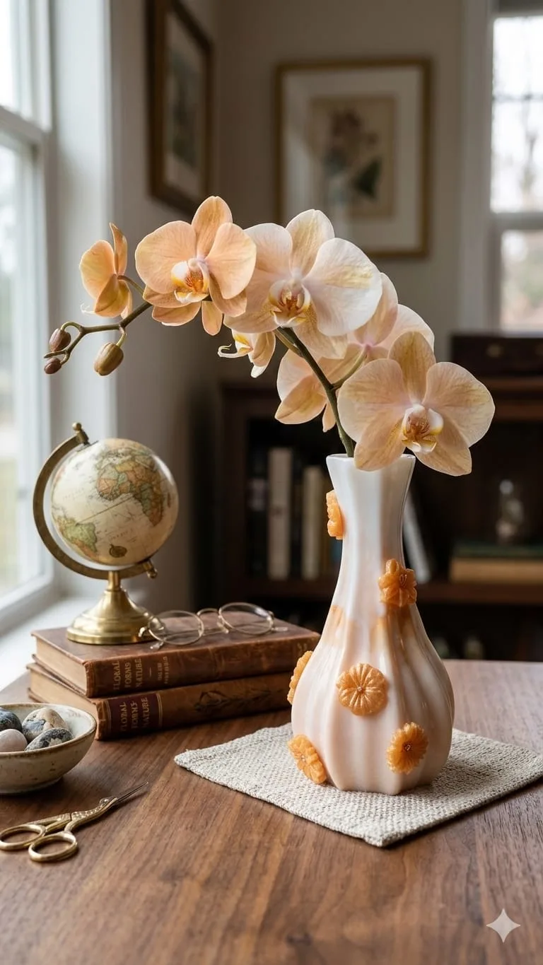 Peach Phalaenopsis orchids in a white vase with orange accents on a wooden table, beside a globe and old books. - Bling On Decor® | Luxury Handmade Home Decor ANJU BALA