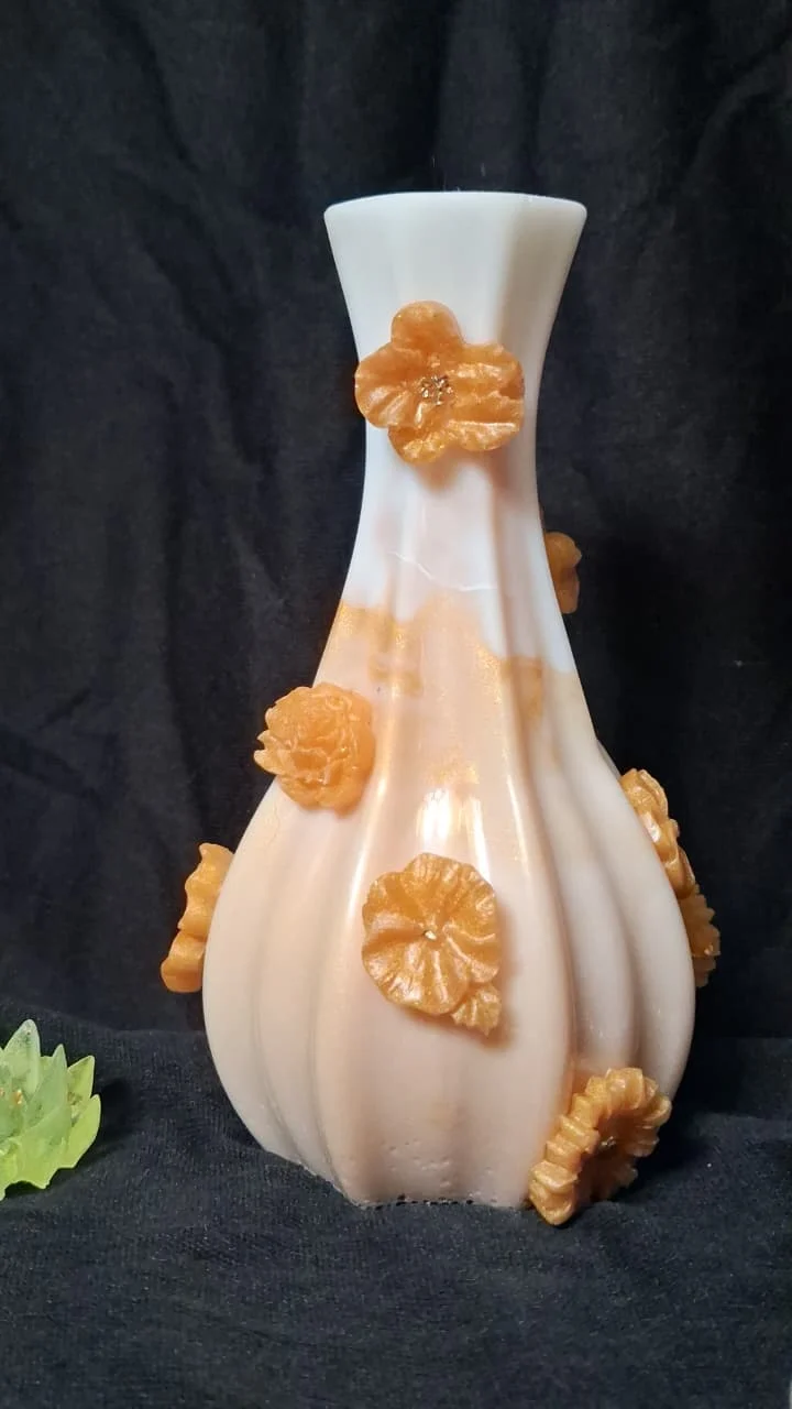 White ceramic vase with orange flower decorations attached along the body. - Bling On Decor® | Luxury Handmade Home Decor ANJU BALA