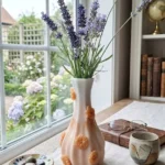 A peach-colored vase with lavender stems on a wooden table by a window, with a mug, glasses, and a book nearby. - Bling On Decor® | Luxury Handmade Home Decor ANJU BALA