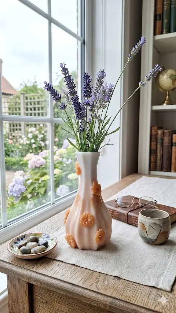 A peach-colored vase with lavender stems on a wooden table by a window, with a mug, glasses, and a book nearby. - Bling On Decor® | Luxury Handmade Home Decor ANJU BALA