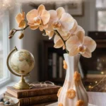Peach orchid arrangement in a marble‑effect resin vase on a wooden desk with a globe, books, and glasses nearby; product branding reads 'Peach Blossom Edition'. - Bling On Decor® | Luxury Handmade Home Decor ANJU BALA