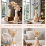 Collage of four minimalist decor vases—peach flowers or dried grasses on desks and tables in cozy interiors. - Bling On Decor® | Luxury Handmade Home Decor ANJU BALA