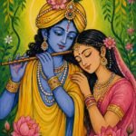 Blue-skinned Krishna in yellow robes playing a flute, with Radha in pink beside him among blooming lotuses in a lush garden. - Bling On Decor® | Luxury Handmade Home Decor Blue-skinned Krishna in yellow robes playing a flute, with Radha in pink beside him among blooming lotuses in a lush garden. - Bling On Decor® | Luxury Handmade Home Decor ANJU BALA