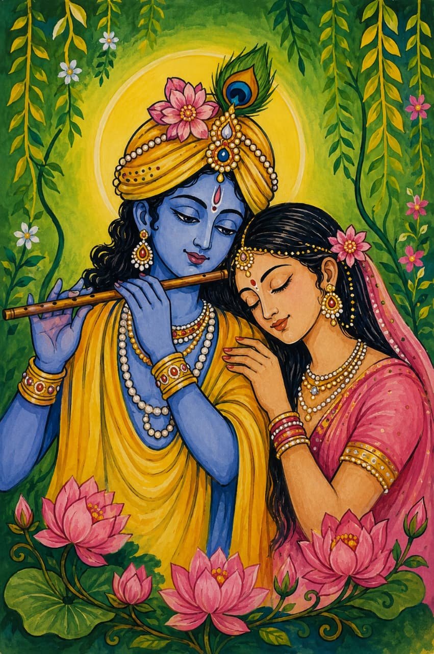 Blue-skinned Krishna in yellow robes playing a flute, with Radha in pink beside him among blooming lotuses in a lush garden. - Bling On Decor® | Luxury Handmade Home Decor Blue-skinned Krishna in yellow robes playing a flute, with Radha in pink beside him among blooming lotuses in a lush garden. - Bling On Decor® | Luxury Handmade Home Decor ANJU BALA