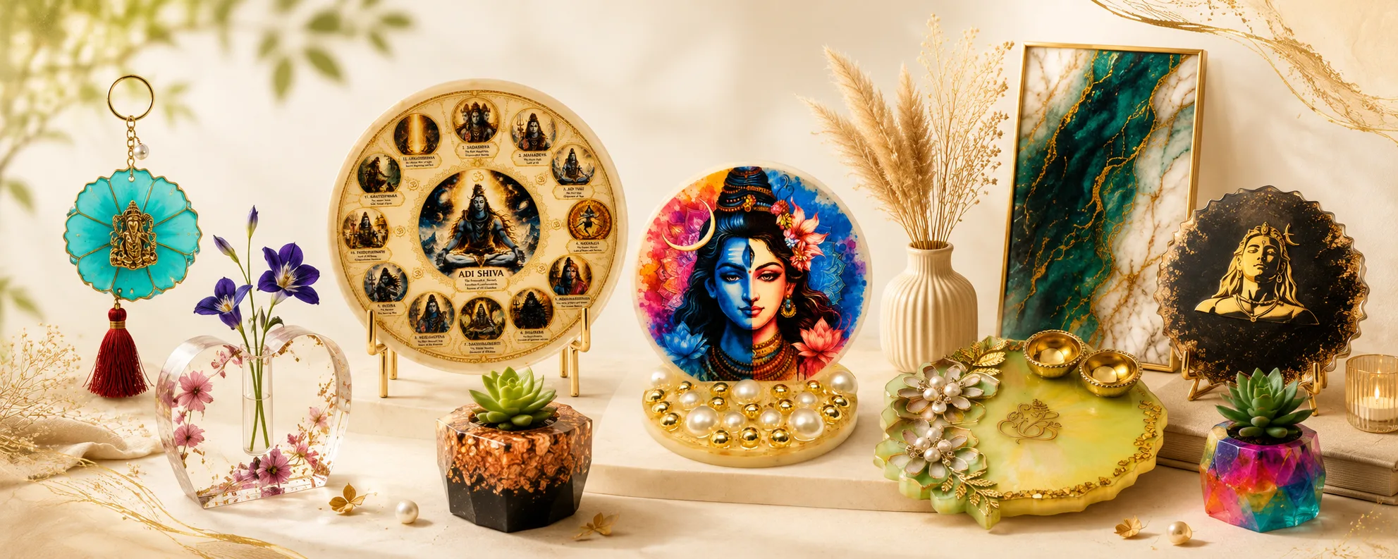 Decorative Hindu altar still life with a circular plate of deities, a colorful goddess plate, turquoise pendant ornament, flowers, succulents, and gold jewelry on light surfaces. - Bling On Decor® | Luxury Handmade Home Decor ANJU BALA - Bling On Decor® | Luxury Handmade Home Decor ANJU BALA