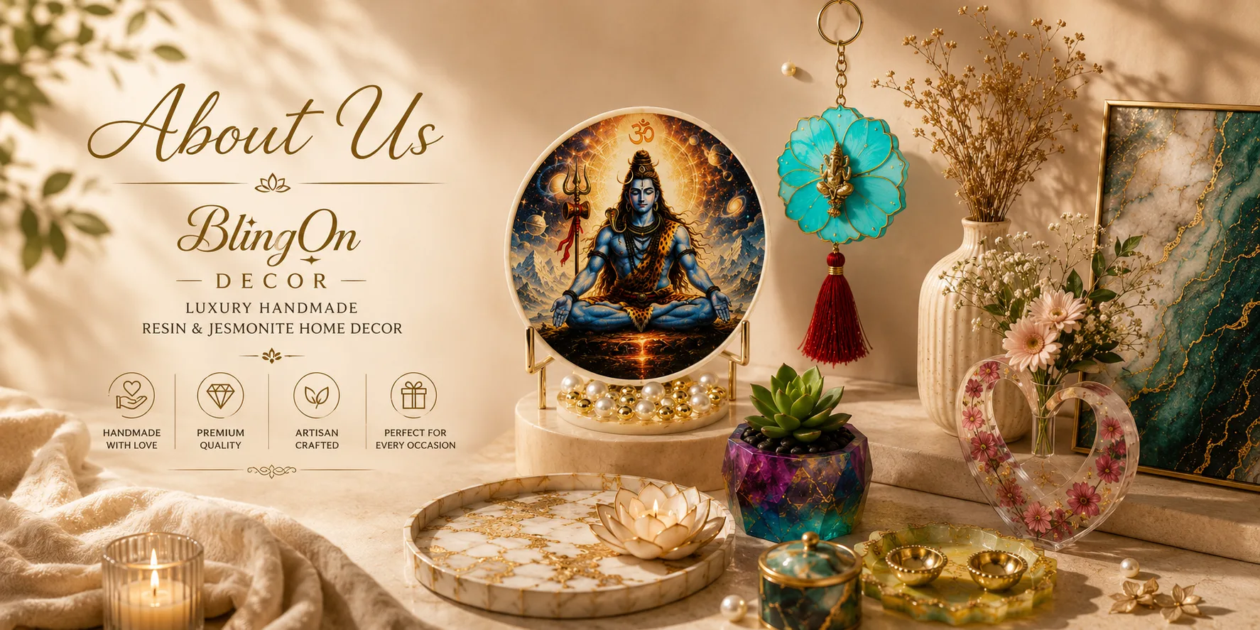 About Us banner for BlingOn Decor; luxury handmade resin and Jesmonite home decor on a warm beige backdrop. - Bling On Decor® | Luxury Handmade Home Decor ANJU BALA - Bling On Decor® | Luxury Handmade Home Decor ANJU BALA