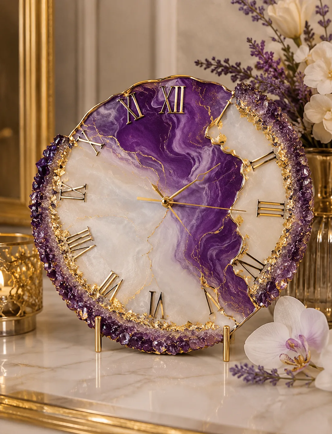 BLing On decor Geode Watch Luxury Watches Geode-style round clock with purple amethyst edges and gold Roman numerals on a white marbled face, gold hands, and a gold-trimmed border.