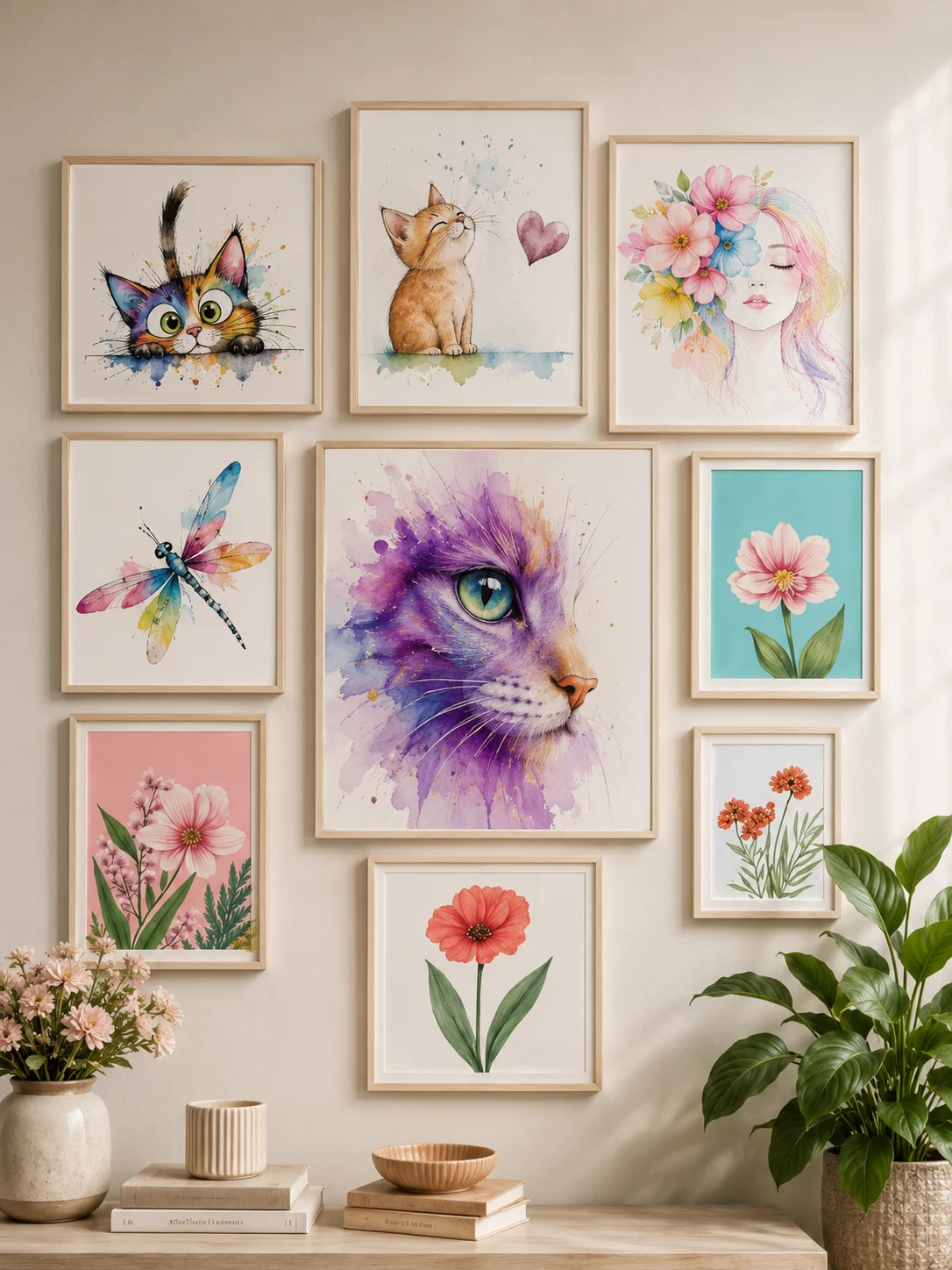 Bling on Decor Painitngs Colorful gallery wall of watercolor art frames featuring cats, flowers, and a dragonfly in soft pastels.